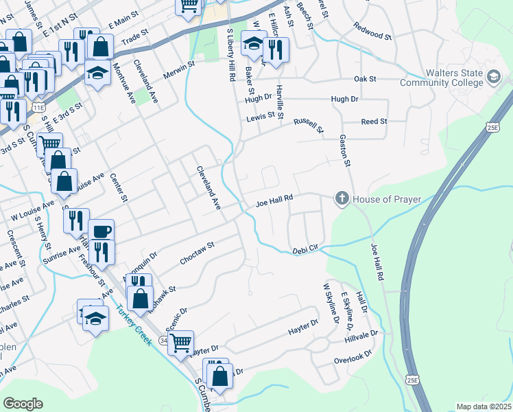 map of restaurants, bars, coffee shops, grocery stores, and more near 948 Scenic Drive in Morristown