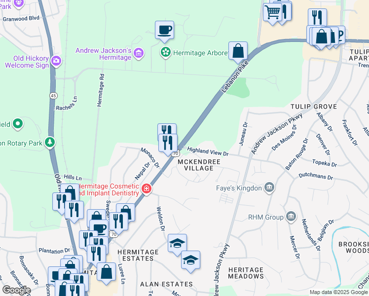 map of restaurants, bars, coffee shops, grocery stores, and more near 4399 Lebanon Pike in Nashville