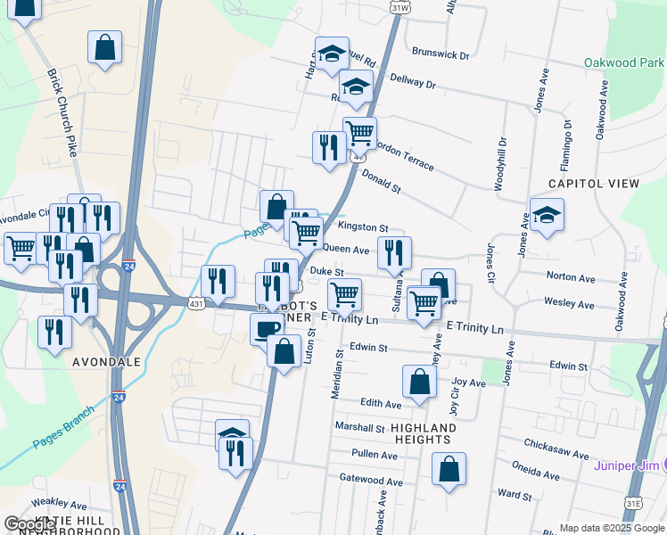 map of restaurants, bars, coffee shops, grocery stores, and more near 114 Duke Street in Nashville