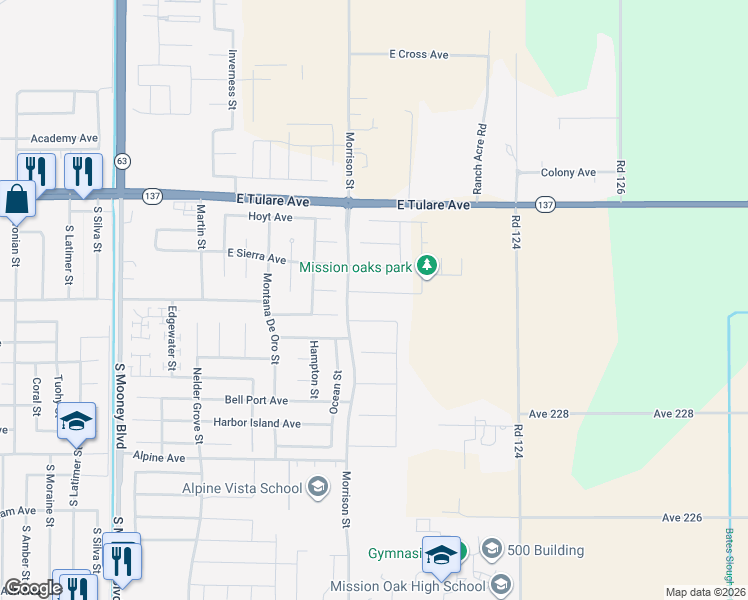 map of restaurants, bars, coffee shops, grocery stores, and more near 3045 Cape Canyon Avenue in Tulare