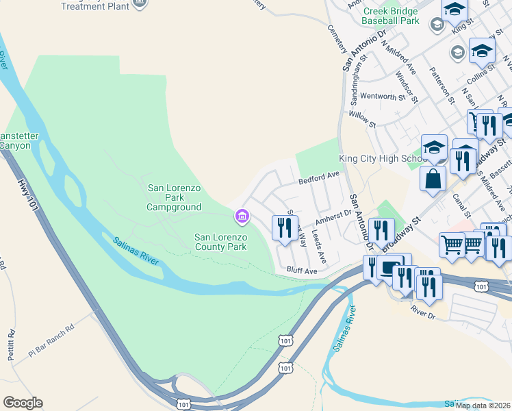 map of restaurants, bars, coffee shops, grocery stores, and more near 1335 Cambridge Avenue in King City
