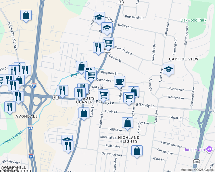 map of restaurants, bars, coffee shops, grocery stores, and more near 212 Duke Street in Nashville