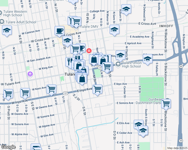 map of restaurants, bars, coffee shops, grocery stores, and more near California 137 in Tulare