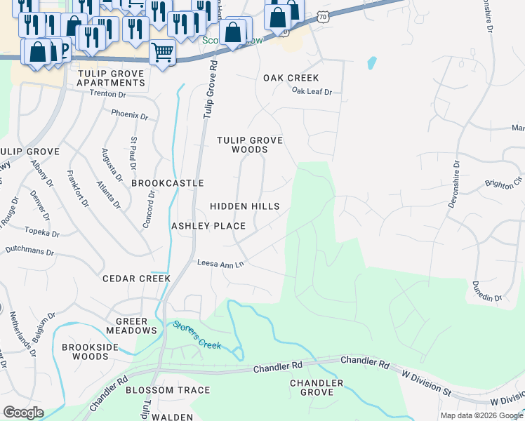 map of restaurants, bars, coffee shops, grocery stores, and more near 4916 Shadowlawn Drive in Nashville