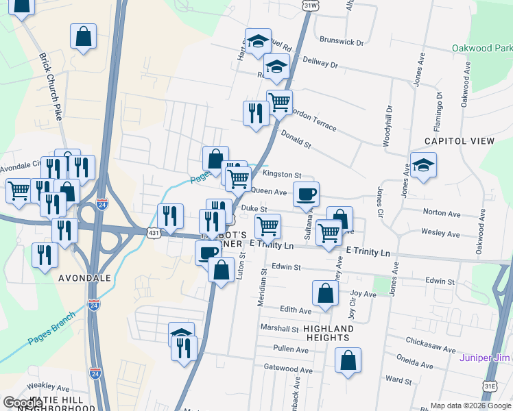 map of restaurants, bars, coffee shops, grocery stores, and more near 114 Duke Street in Nashville