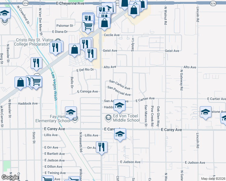 map of restaurants, bars, coffee shops, grocery stores, and more near 3573 San Pascual Avenue in Las Vegas
