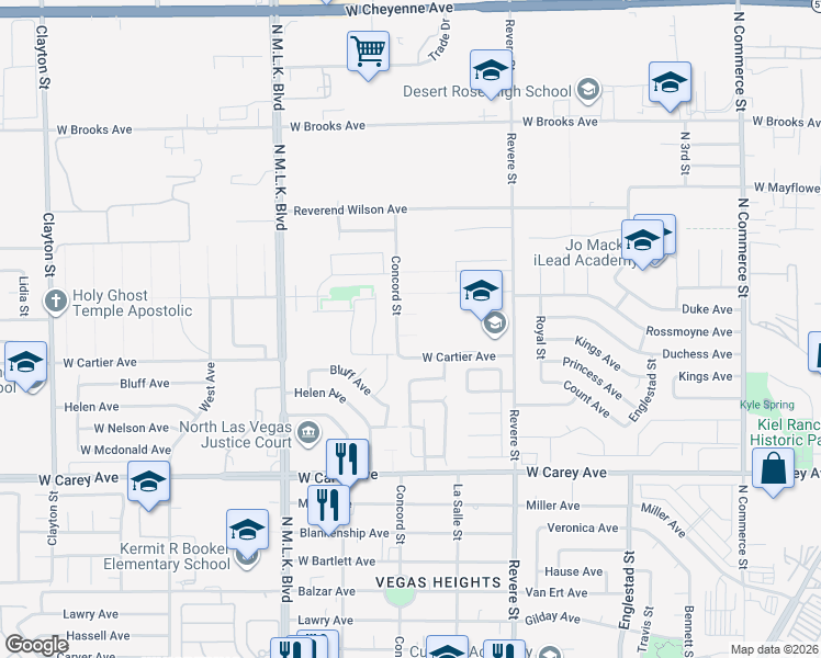 map of restaurants, bars, coffee shops, grocery stores, and more near Concord Street in North Las Vegas