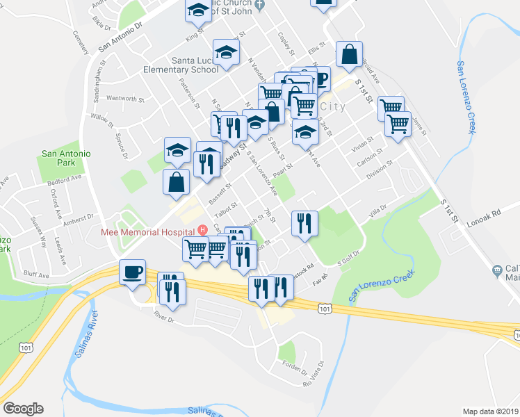 map of restaurants, bars, coffee shops, grocery stores, and more near 326 7th Street in King City