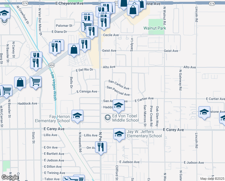 map of restaurants, bars, coffee shops, grocery stores, and more near 3573 San Pascual Avenue in Las Vegas