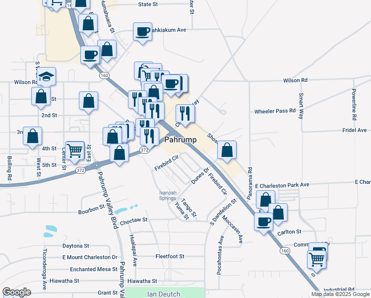 map of restaurants, bars, coffee shops, grocery stores, and more near 1700 Firebird Circle in Pahrump