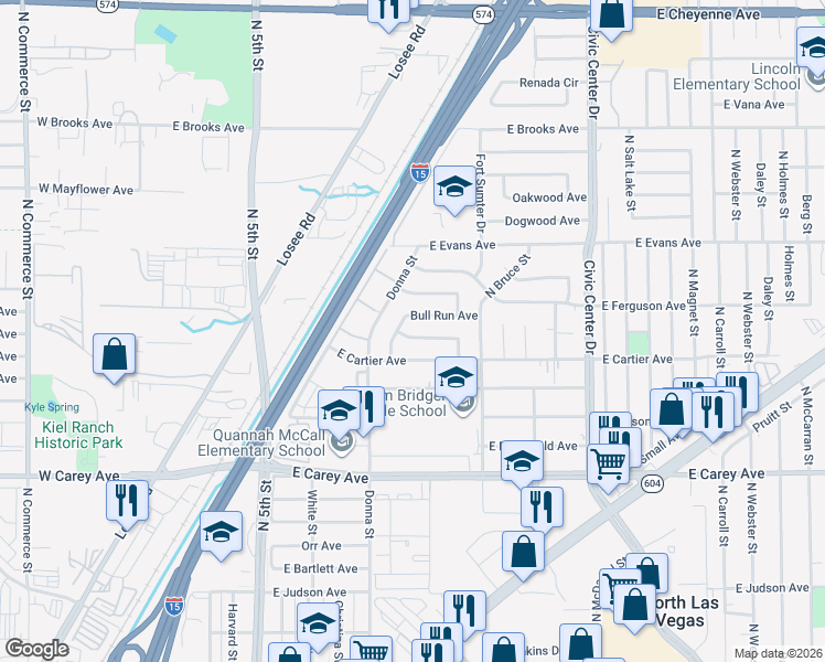 map of restaurants, bars, coffee shops, grocery stores, and more near 1004 Stone River Drive in North Las Vegas