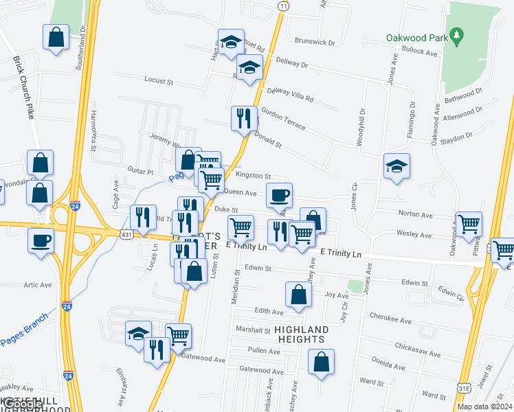map of restaurants, bars, coffee shops, grocery stores, and more near 209 Duke Street in Nashville
