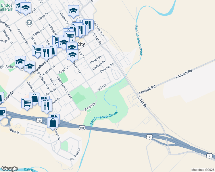 map of restaurants, bars, coffee shops, grocery stores, and more near 209 Villa Drive in King City