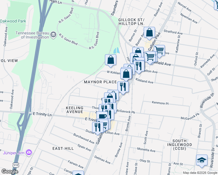 map of restaurants, bars, coffee shops, grocery stores, and more near 1028C Maynor Avenue in Nashville
