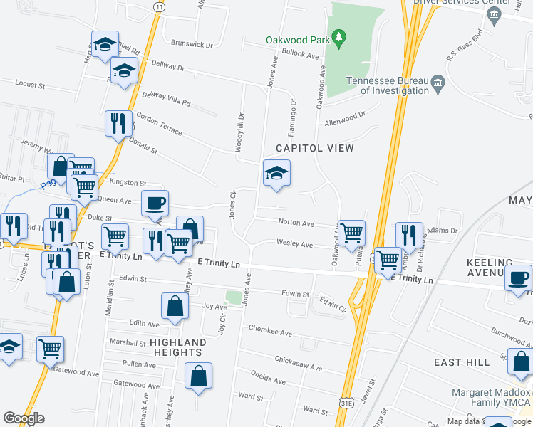 map of restaurants, bars, coffee shops, grocery stores, and more near 505 Norton Avenue in Nashville