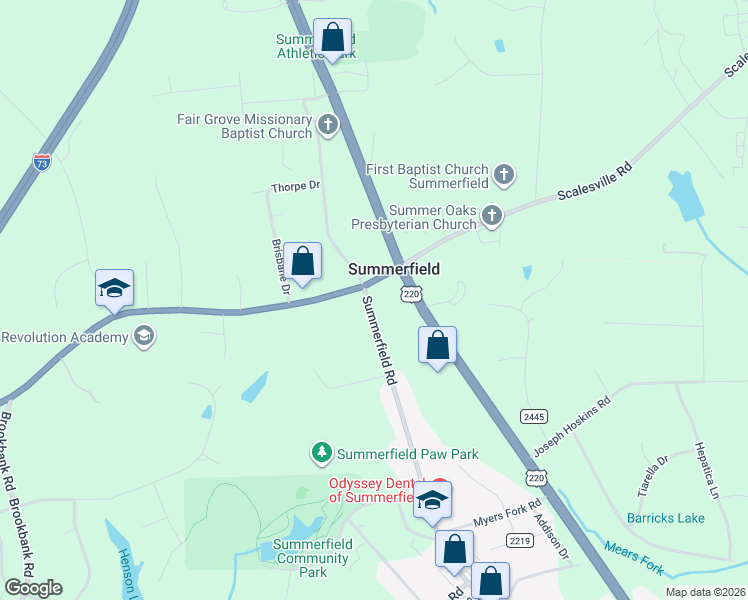 map of restaurants, bars, coffee shops, grocery stores, and more near 7708 Summerfield Road in Summerfield