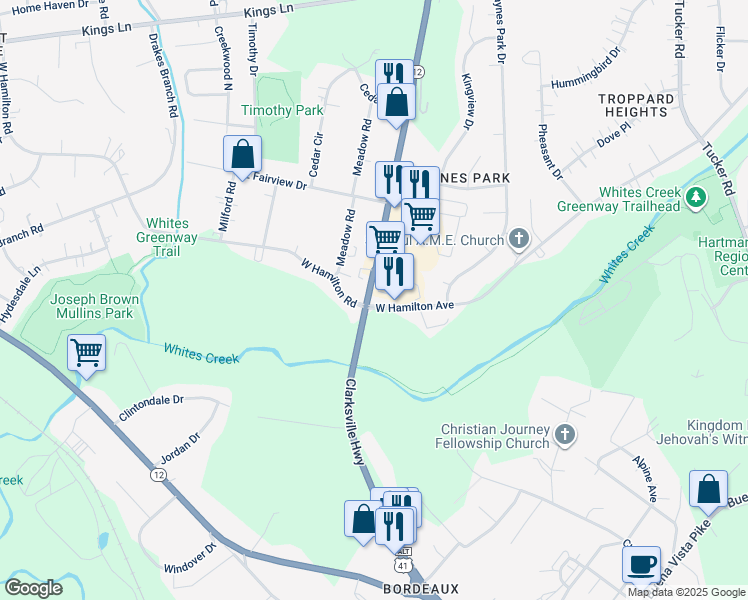 map of restaurants, bars, coffee shops, grocery stores, and more near 3900 Clarksville Pike in Nashville