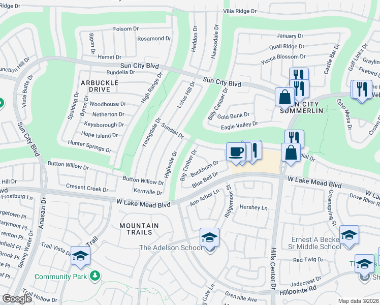 map of restaurants, bars, coffee shops, grocery stores, and more near 2553 Big Timber Drive in Las Vegas