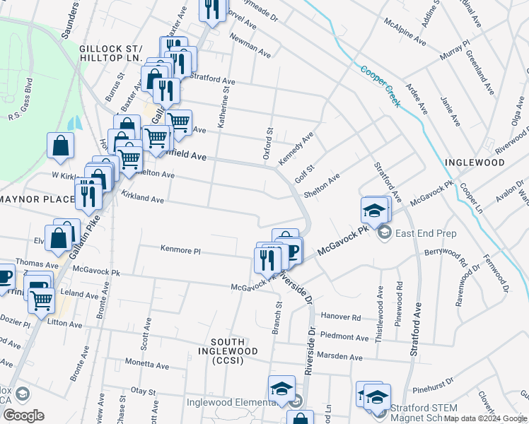 map of restaurants, bars, coffee shops, grocery stores, and more near 1404 Kirkland Avenue in Nashville