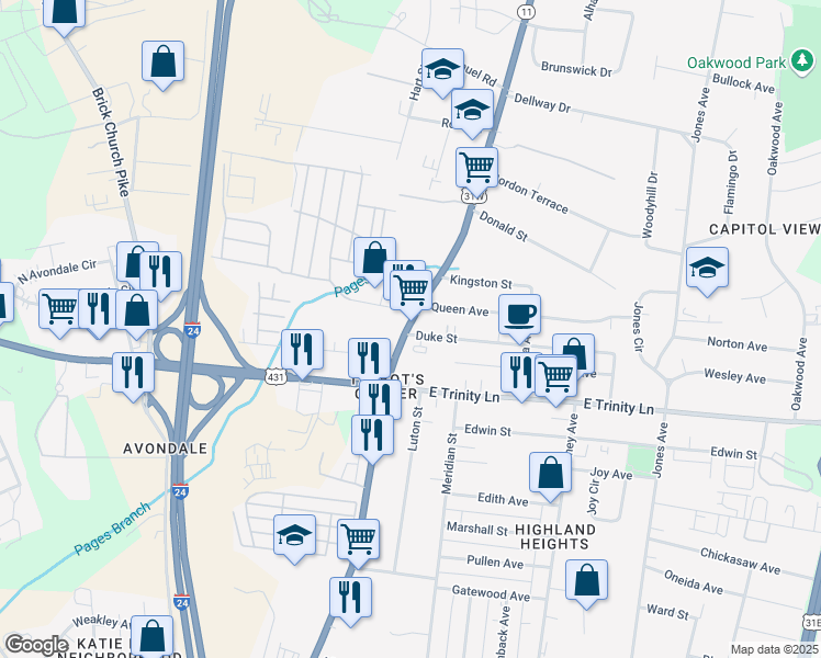 map of restaurants, bars, coffee shops, grocery stores, and more near 2301 Dickerson Pike in Nashville