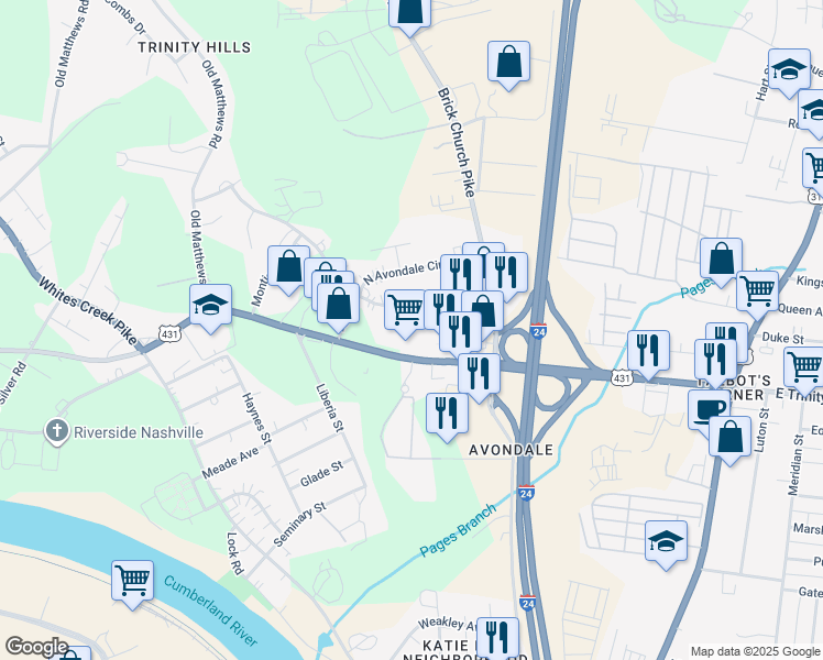 map of restaurants, bars, coffee shops, grocery stores, and more near 317 West Trinity Lane in Nashville
