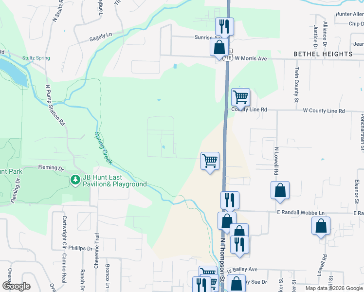 map of restaurants, bars, coffee shops, grocery stores, and more near 500-1598 Cooper Drive in Springdale