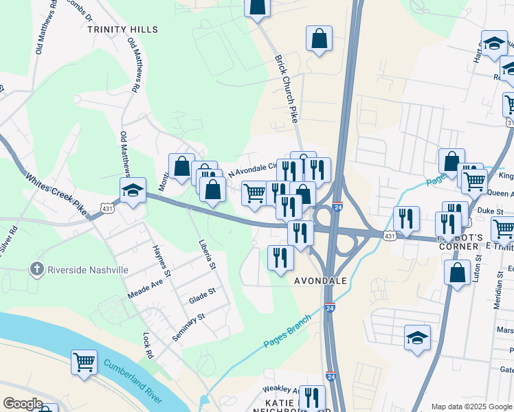 map of restaurants, bars, coffee shops, grocery stores, and more near 311 West Trinity Lane in Nashville