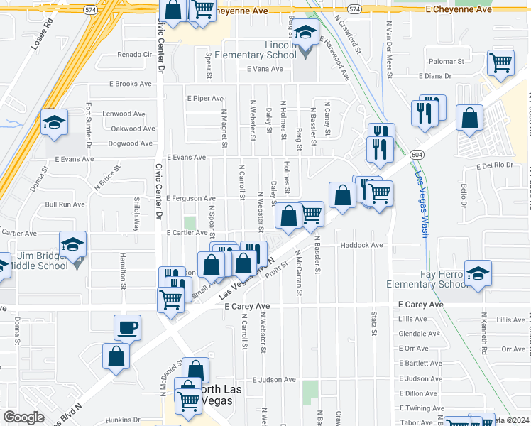 map of restaurants, bars, coffee shops, grocery stores, and more near 2616 North Webster Street in North Las Vegas