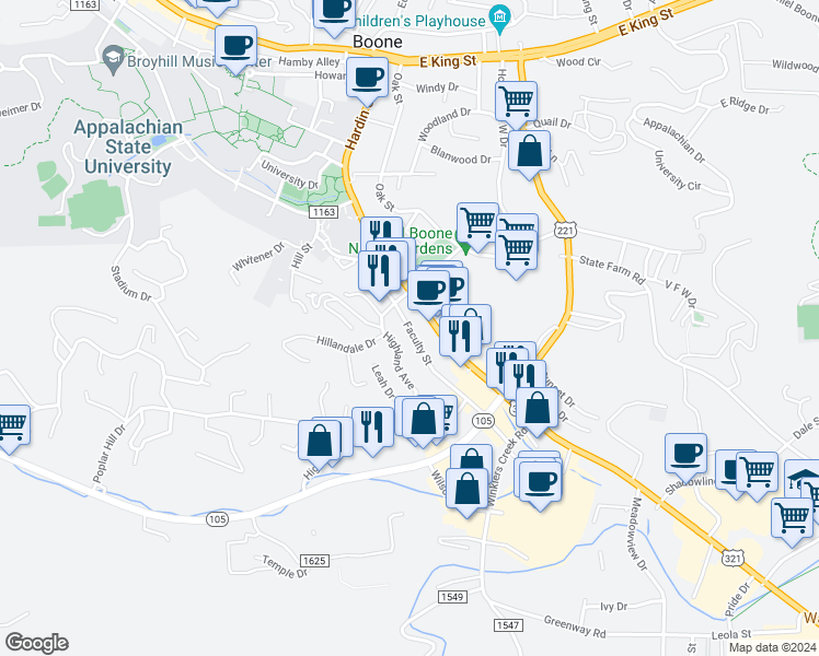 map of restaurants, bars, coffee shops, grocery stores, and more near 287 Faculty Street in Boone