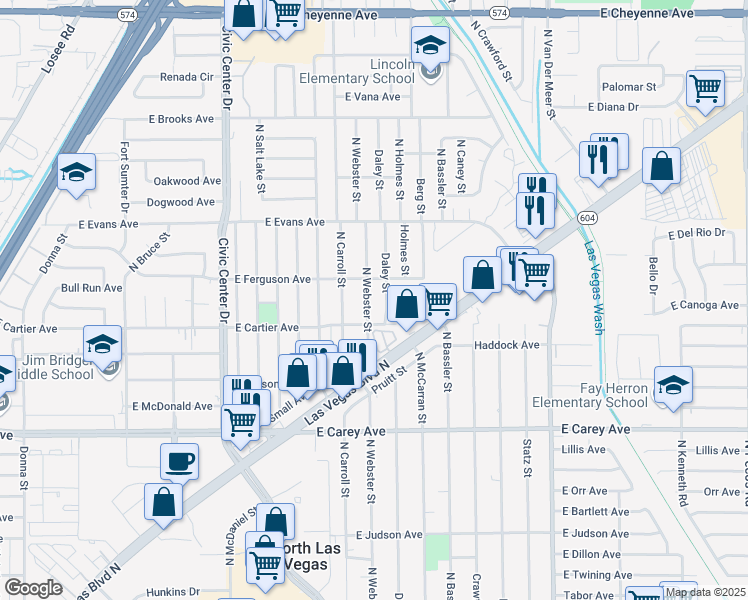 map of restaurants, bars, coffee shops, grocery stores, and more near 2616 North Webster Street in North Las Vegas