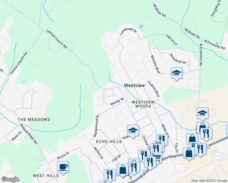 map of restaurants, bars, coffee shops, grocery stores, and more near 3414 Wendy Street in Morristown