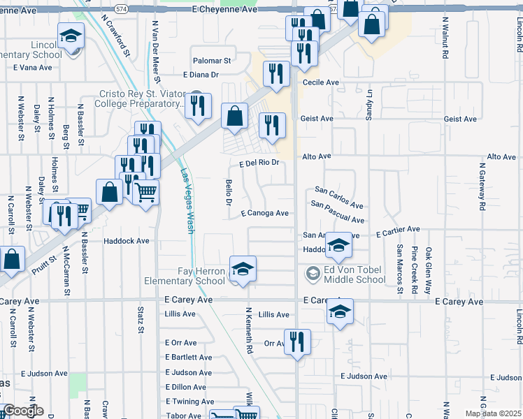 map of restaurants, bars, coffee shops, grocery stores, and more near 3524 East Canoga Avenue in North Las Vegas