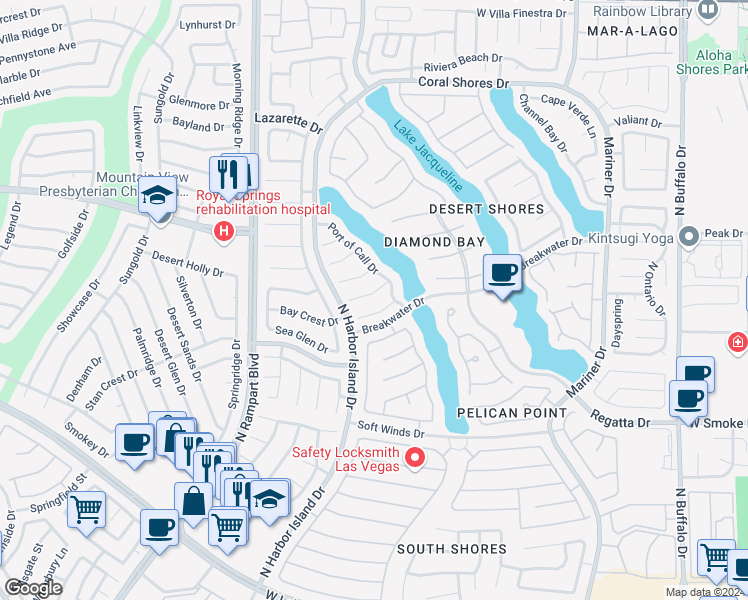 map of restaurants, bars, coffee shops, grocery stores, and more near 8229 Dolphin Bay Court in Las Vegas