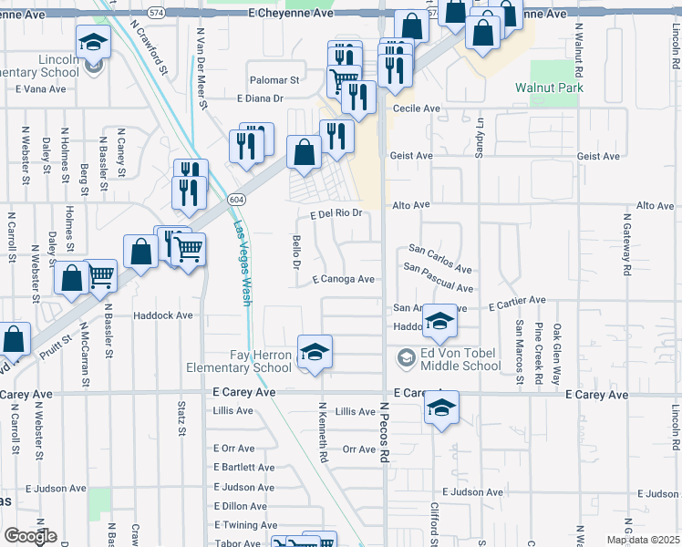 map of restaurants, bars, coffee shops, grocery stores, and more near 3524 East Canoga Avenue in North Las Vegas