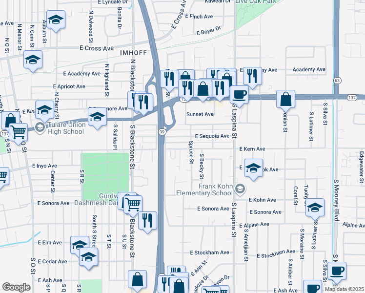 map of restaurants, bars, coffee shops, grocery stores, and more near 1370 East Kern Avenue in Tulare