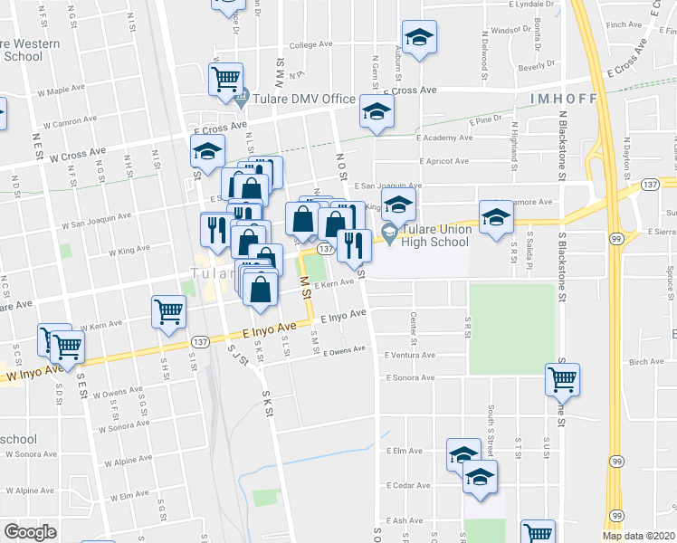 map of restaurants, bars, coffee shops, grocery stores, and more near 148 South N Street in Tulare
