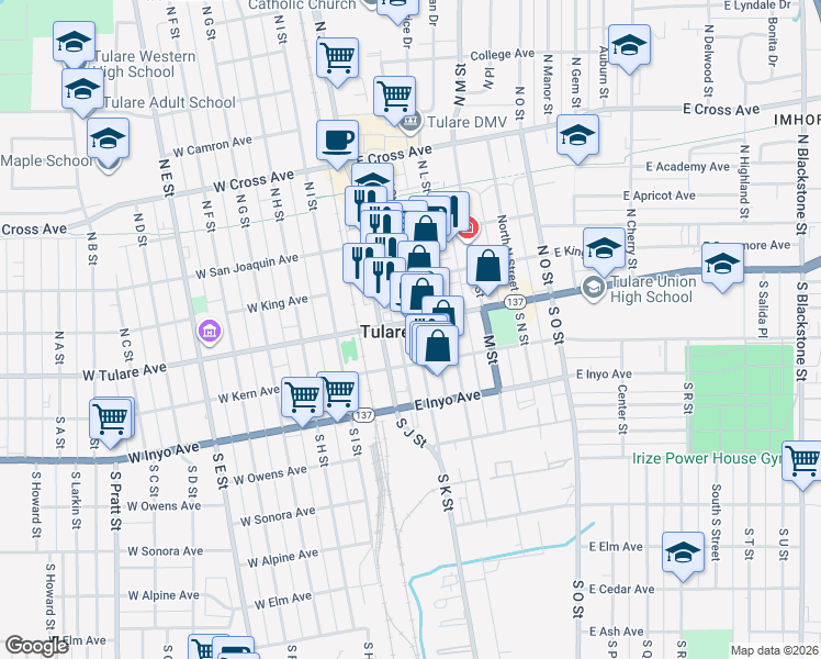 map of restaurants, bars, coffee shops, grocery stores, and more near 210 East Tulare Avenue in Tulare