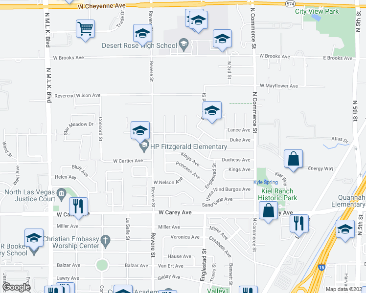 map of restaurants, bars, coffee shops, grocery stores, and more near 529 Duchess Avenue in North Las Vegas