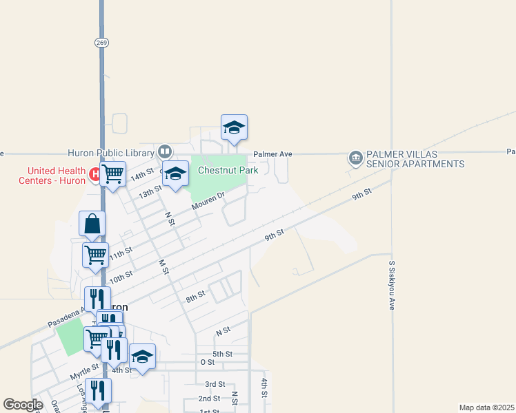 map of restaurants, bars, coffee shops, grocery stores, and more near 36400 Giffen Drive in Huron