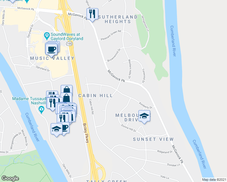 map of restaurants, bars, coffee shops, grocery stores, and more near 2460 Fairbrook Drive in Nashville