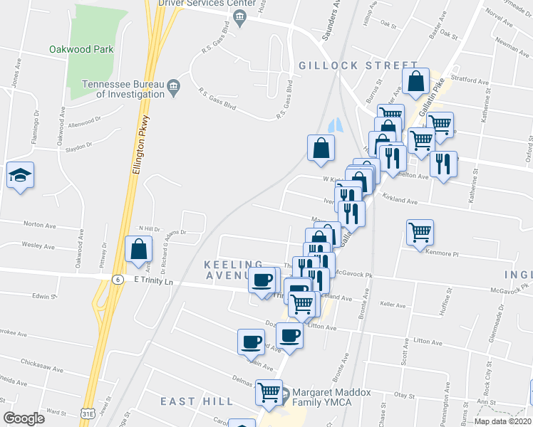 map of restaurants, bars, coffee shops, grocery stores, and more near 3207 Coney Street in Nashville