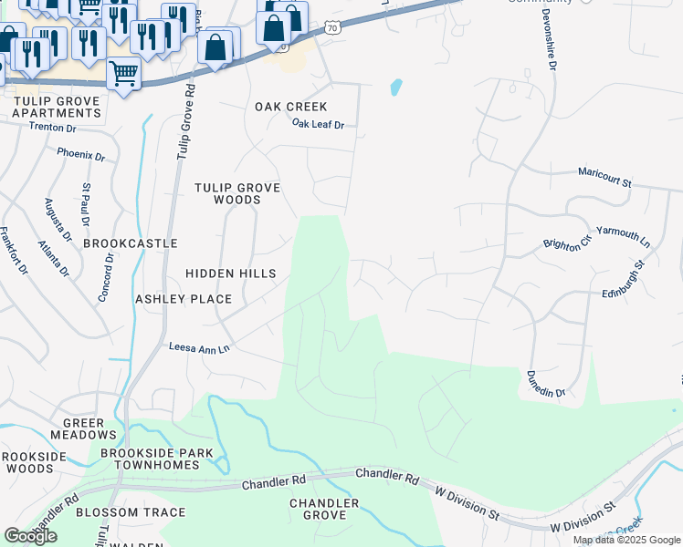 map of restaurants, bars, coffee shops, grocery stores, and more near 2725 Leesa Ann Lane in Nashville
