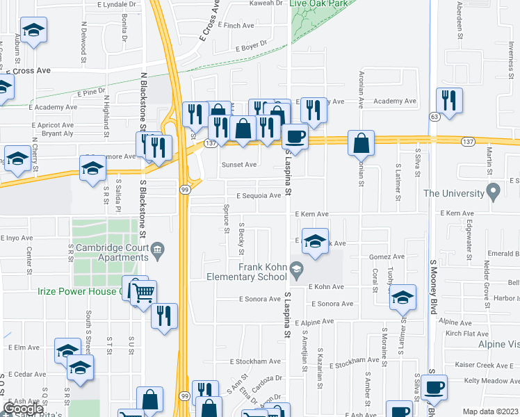 map of restaurants, bars, coffee shops, grocery stores, and more near 1538 East Kern Avenue in Tulare