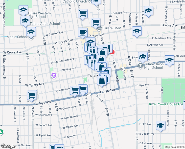 map of restaurants, bars, coffee shops, grocery stores, and more near 2 West Tulare Avenue in Tulare