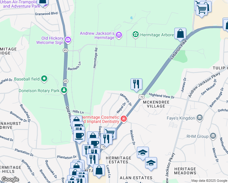 map of restaurants, bars, coffee shops, grocery stores, and more near 325 Monaco Drive in Nashville