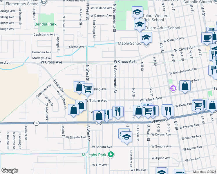 map of restaurants, bars, coffee shops, grocery stores, and more near 1140 West King Avenue in Tulare