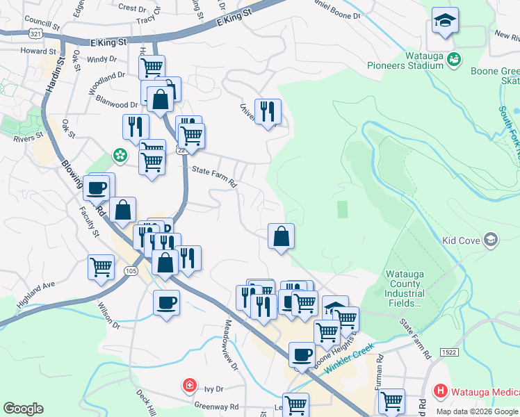map of restaurants, bars, coffee shops, grocery stores, and more near 299 Vfw Drive in Boone