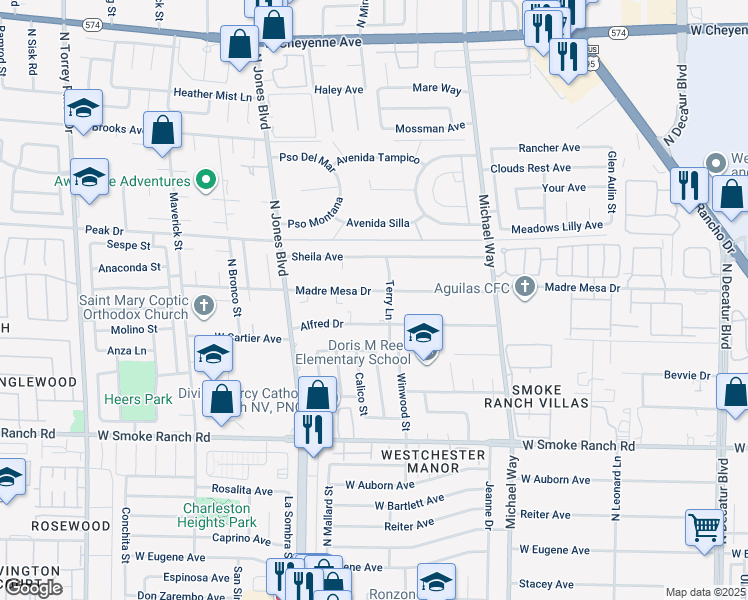 map of restaurants, bars, coffee shops, grocery stores, and more near 5754 Madre Mesa Drive in Las Vegas