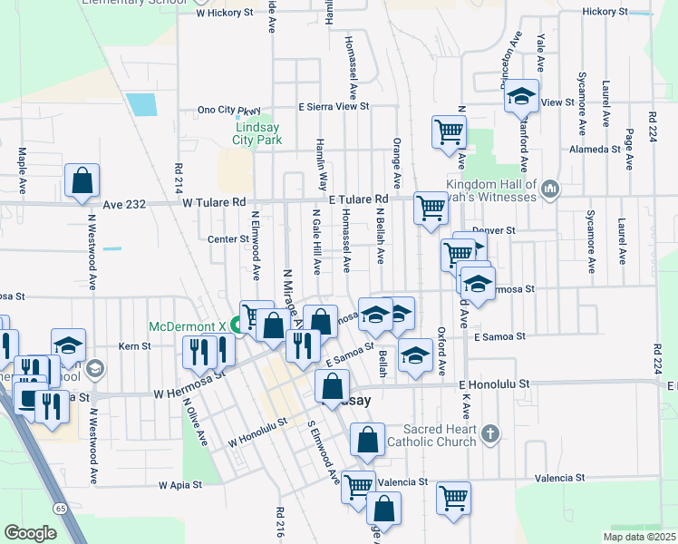 map of restaurants, bars, coffee shops, grocery stores, and more near 468 Homassel Ave in Lindsay