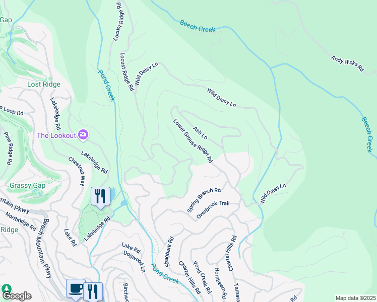 map of restaurants, bars, coffee shops, grocery stores, and more near 102 Heather Lane in Beech Mountain